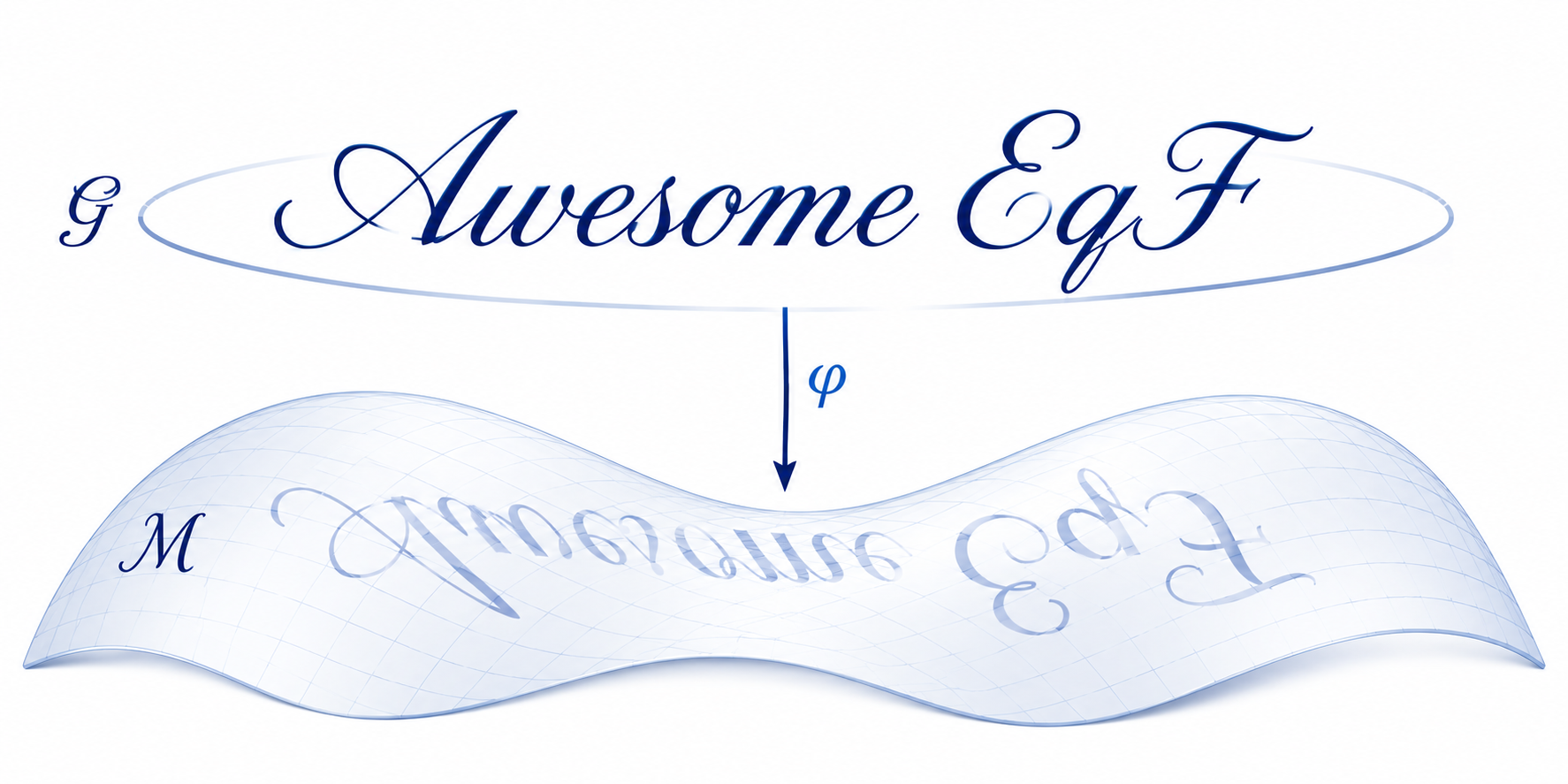 AwesomeEqF logo showing cursive text in the symmetry group reflected onto a curved manifold surface, with a mapping arrow labeled phi.