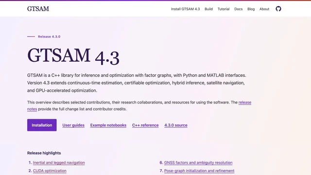 Snapshot of the GTSAM 4.3 landing page and release overview.