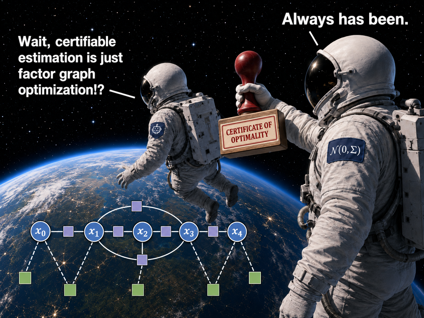 Astronaut meme: 'Certifiable estimation is just factor graph optimization?' / 'Always has been.'