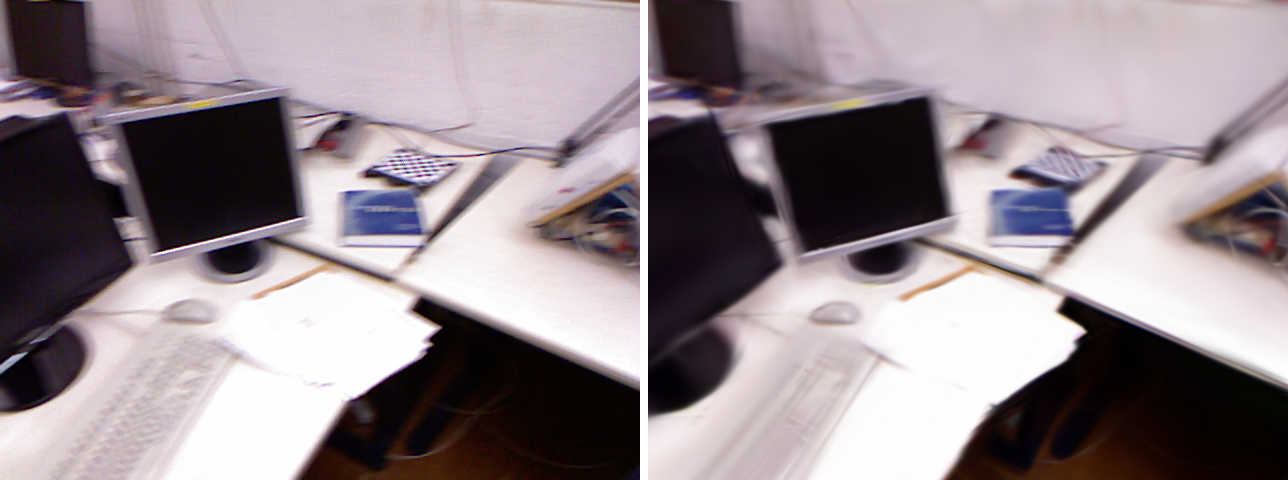 TUM fr1/desk: ground-truth camera frame next to the same view rendered from the trained Gaussian map.