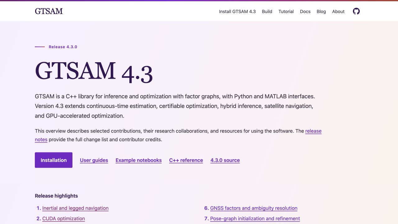 Snapshot of the GTSAM 4.3 landing page, showing the release overview and links to installation, documentation, notebooks, and source code.