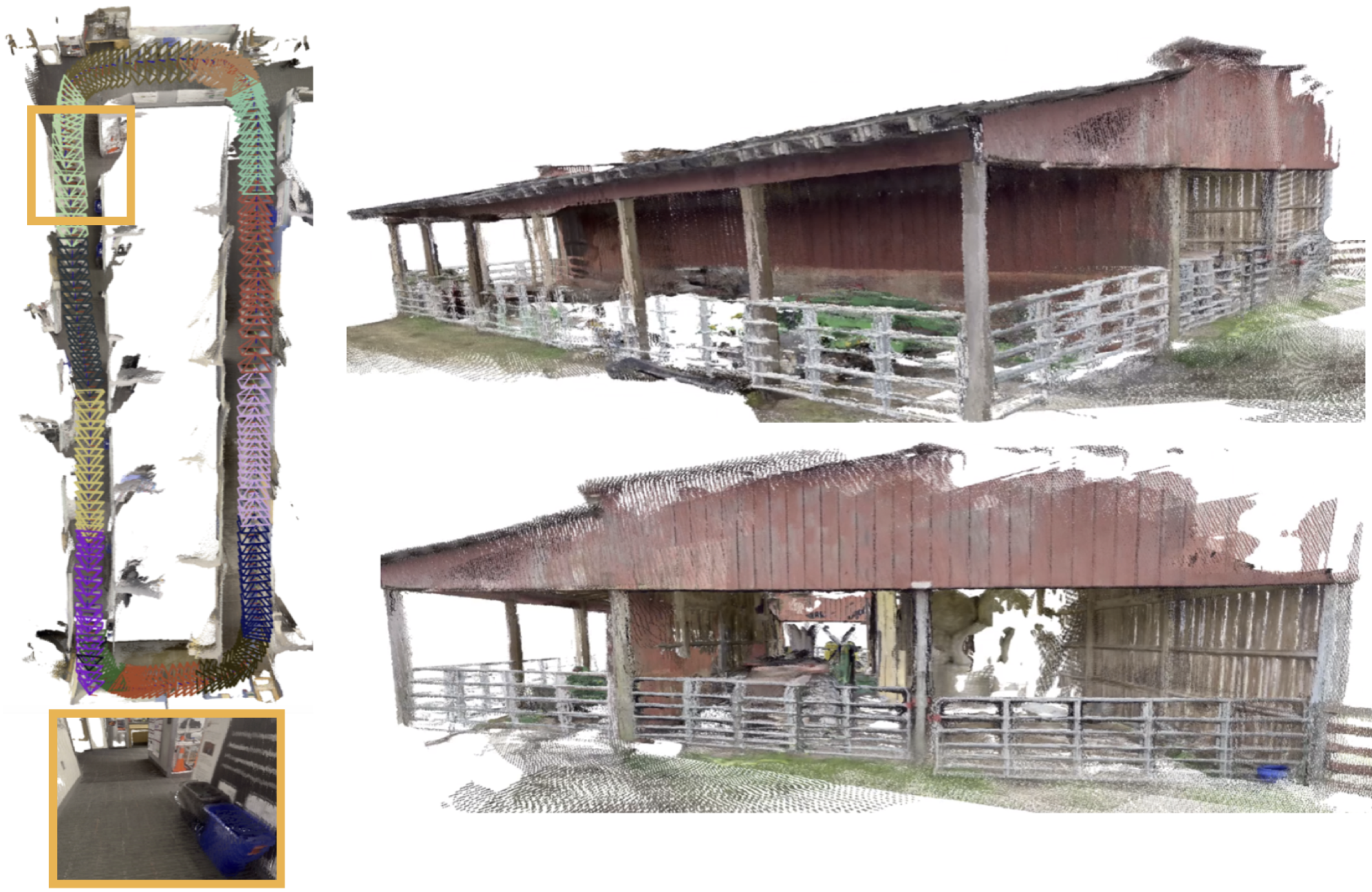 Left: reconstruction of a loop around an office corridor showing each submap as a unique color. There is a loop closure 
  at the end of the trajectory. Right: reconstruction of a large 4200 sq ft barn.
